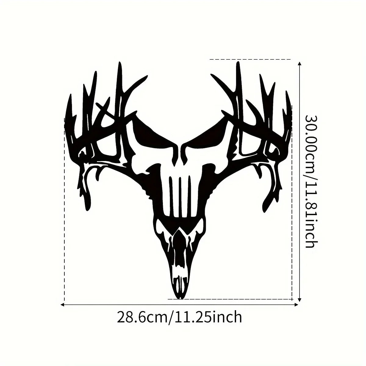 A black metal deer head wall sculpture with antlers and facial features, shown with dimensions.