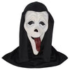 A white screaming skeleton horror mask with a black hood and a long tongue sticking out.