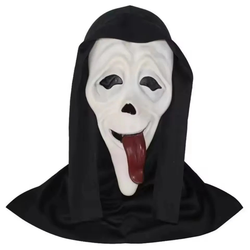 A white screaming skeleton horror mask with a black hood and a long tongue sticking out.