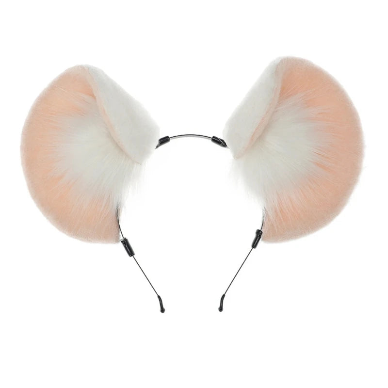 A pair of light pink and white faux fur fox ears headband for cosplay or themed parties.