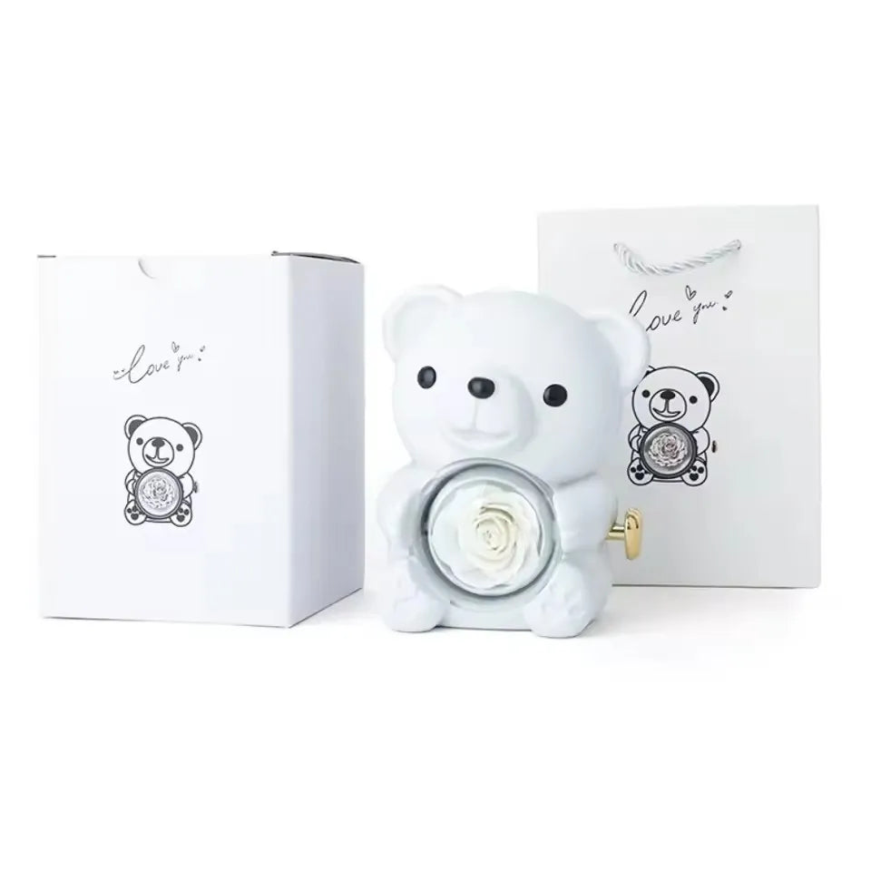 Rotating Hugging Bear Jewelry Box with Rose