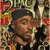 A retro kraft paper poster featuring a portrait of Tupac Shakur with stylized text and graphic elements.