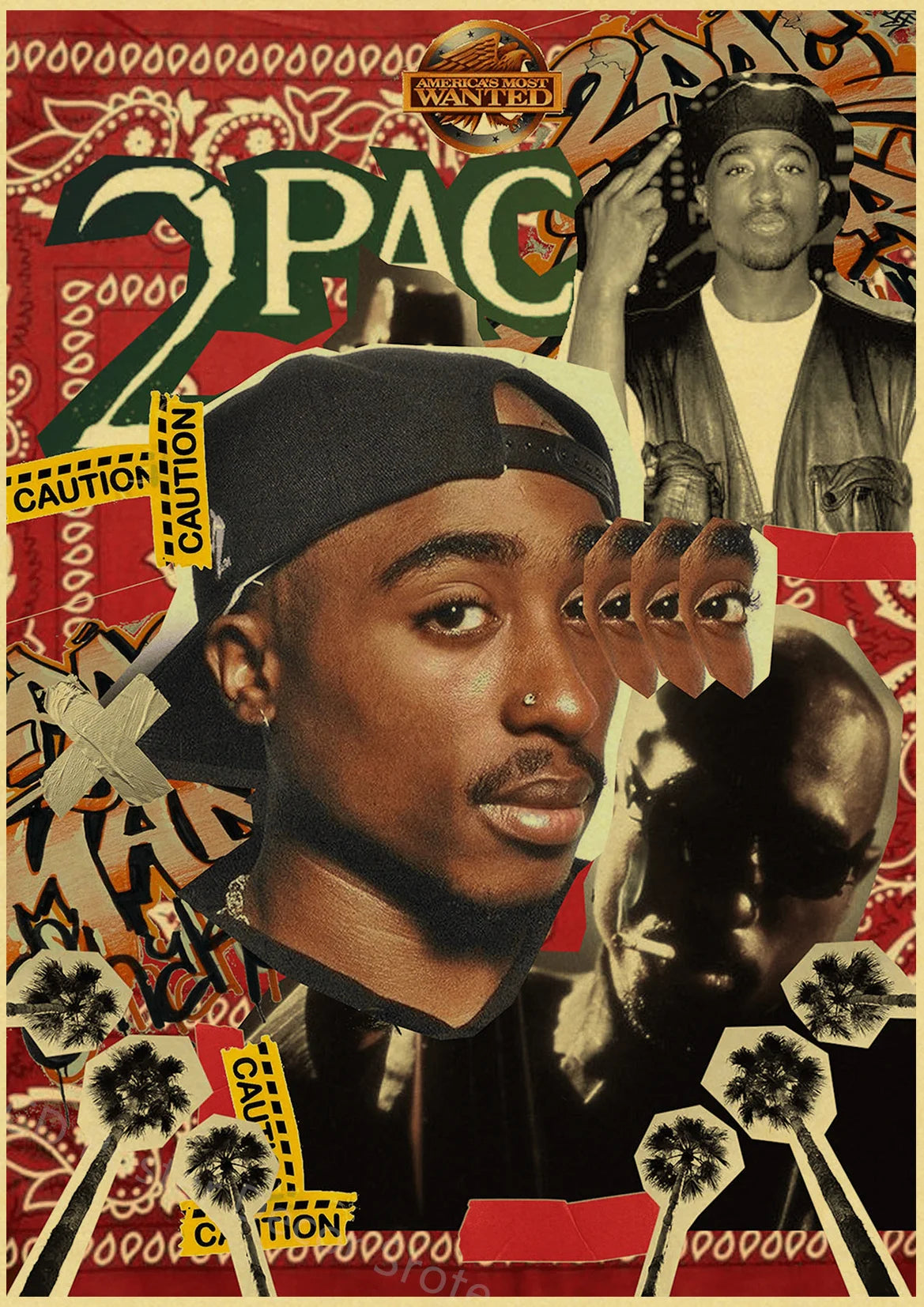 A retro kraft paper poster featuring a portrait of Tupac Shakur with stylized text and graphic elements.