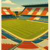Vintage poster design for the Vicente Calderón Stadium in Madrid featuring an orange and blue football field.