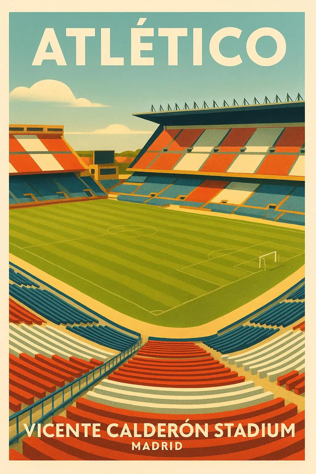Vintage poster design for the Vicente Calderón Stadium in Madrid featuring an orange and blue football field.