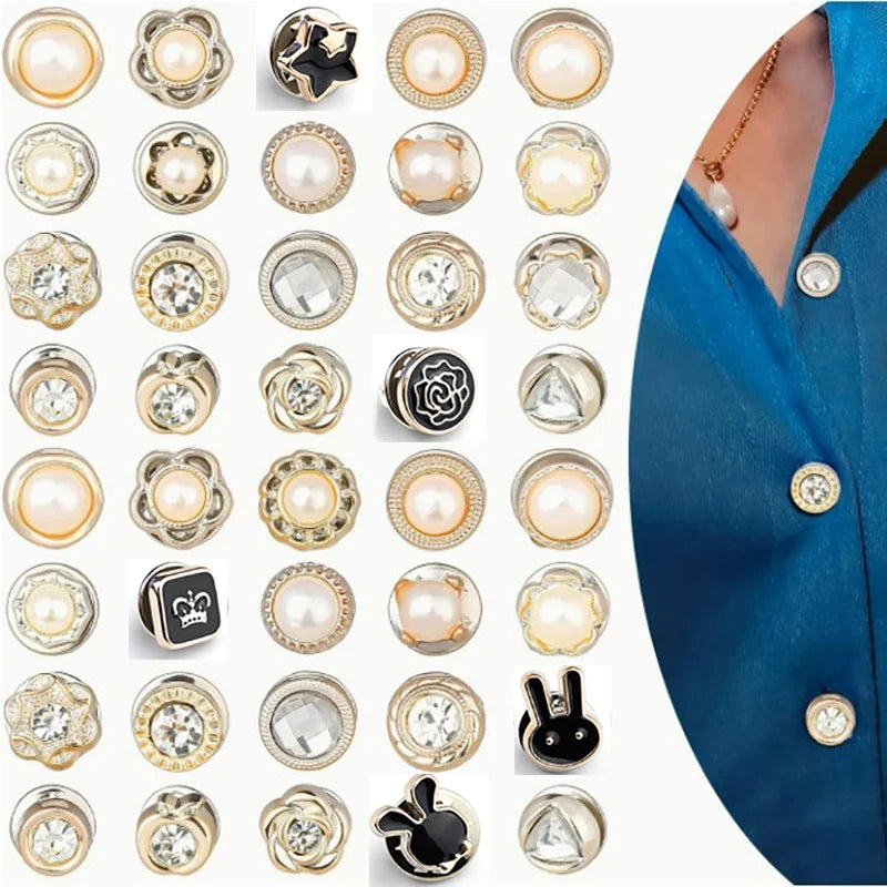 A collection of pearl and rhinestone no-sew buttons for shirts, hats, and crafts shown in various styles.