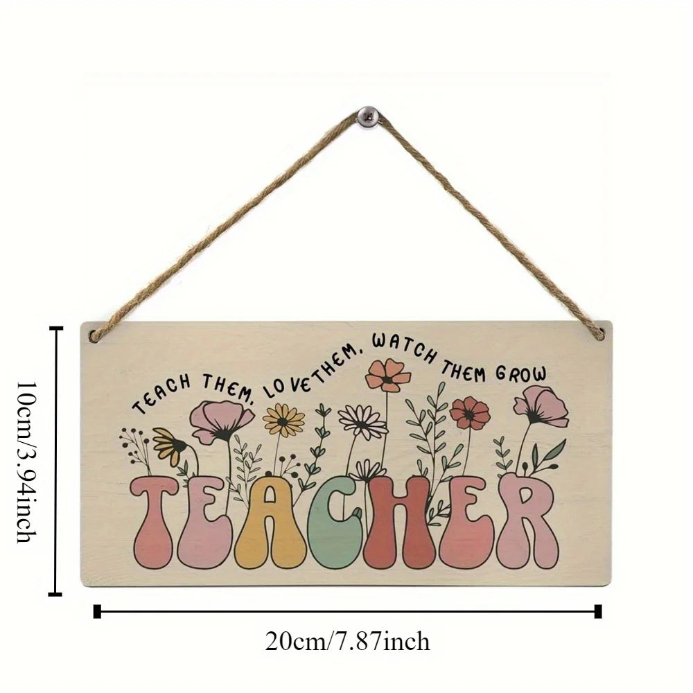 Señal de madera rústica con la palabra TEACHER e ilustraciones florales.
