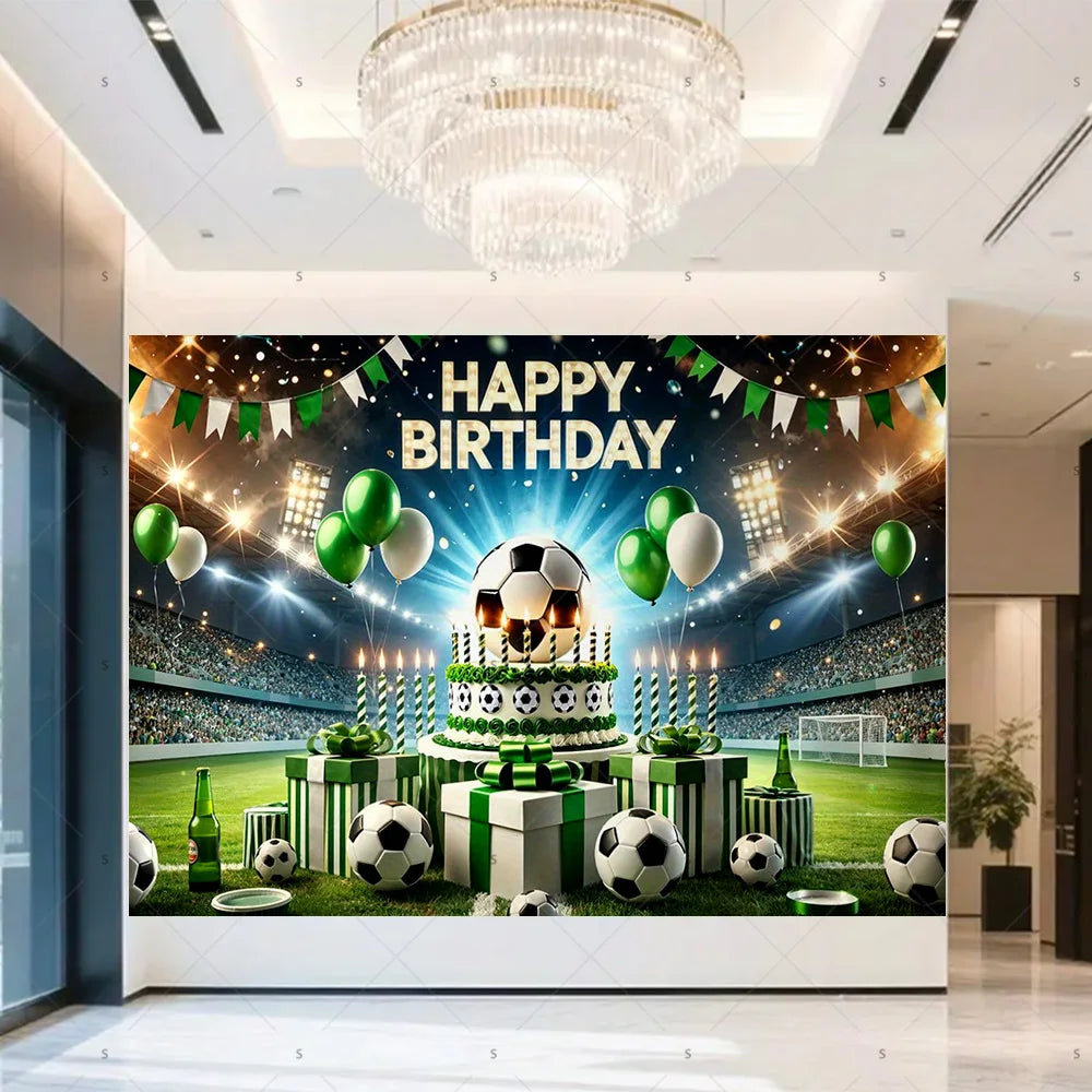 A football-themed birthday backdrop banner featuring a cake, trophies, crowns, and soccer balls on a green field.