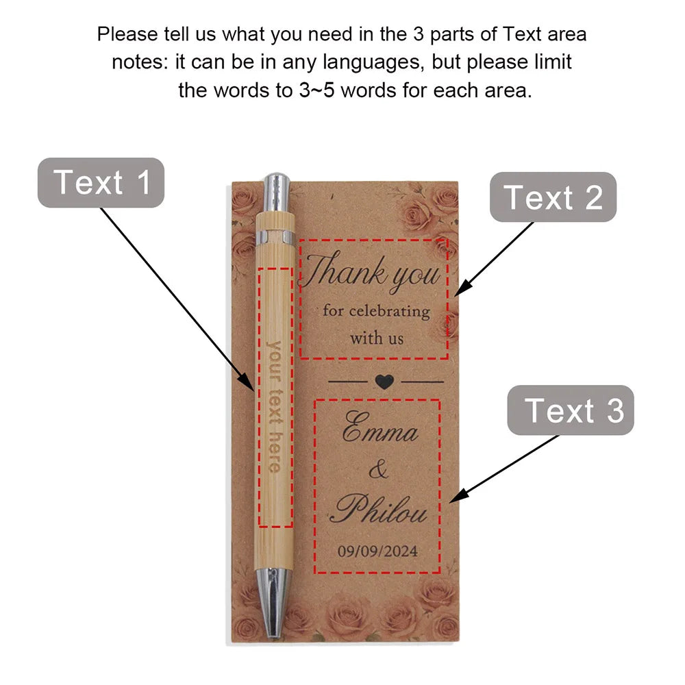 A set of personalized engraved bamboo pens with thank you cards featuring names and dates