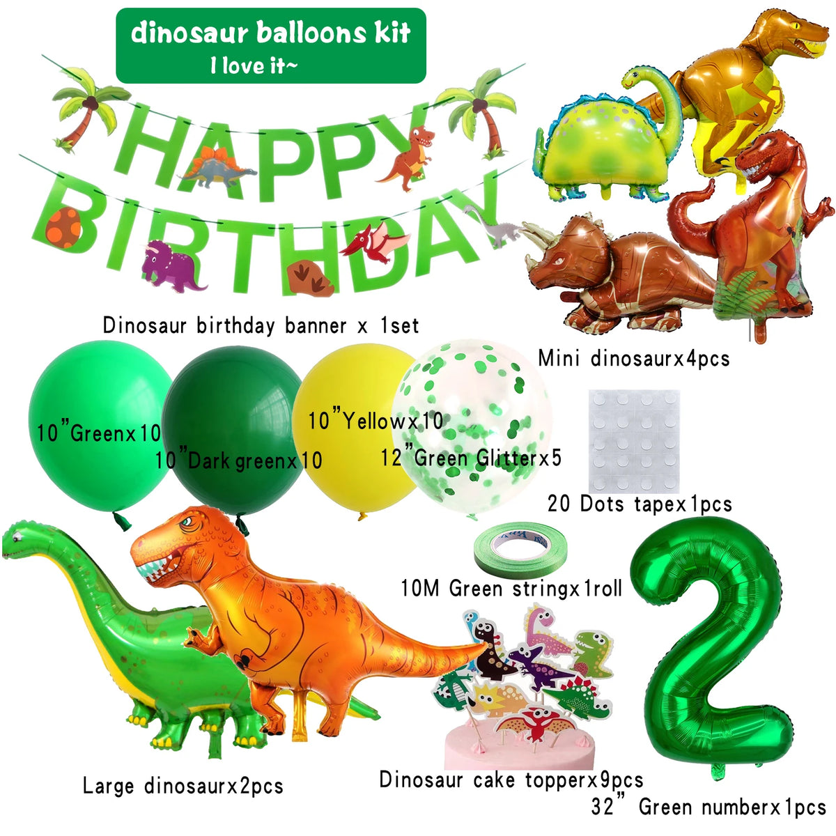Dinosaur balloons kit including banner, balloons, and cake topper for a birthday party