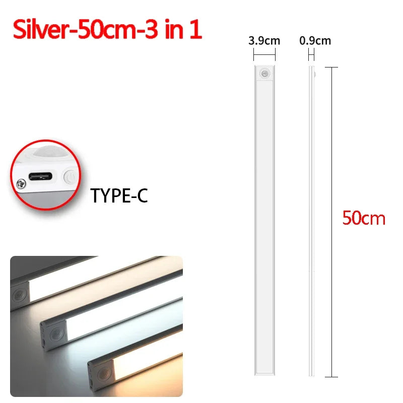 Silver 50cm 3-in-1 under cabinet light fixture with a Type-C connection and rechargeable battery.