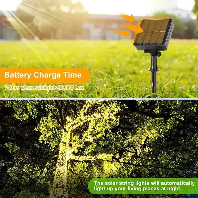 A solar panel is shown charging fairy lights, with a string of lights illuminating a path in a garden at night.