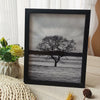A framed black photograph of a silhouetted tree against a misty landscape.