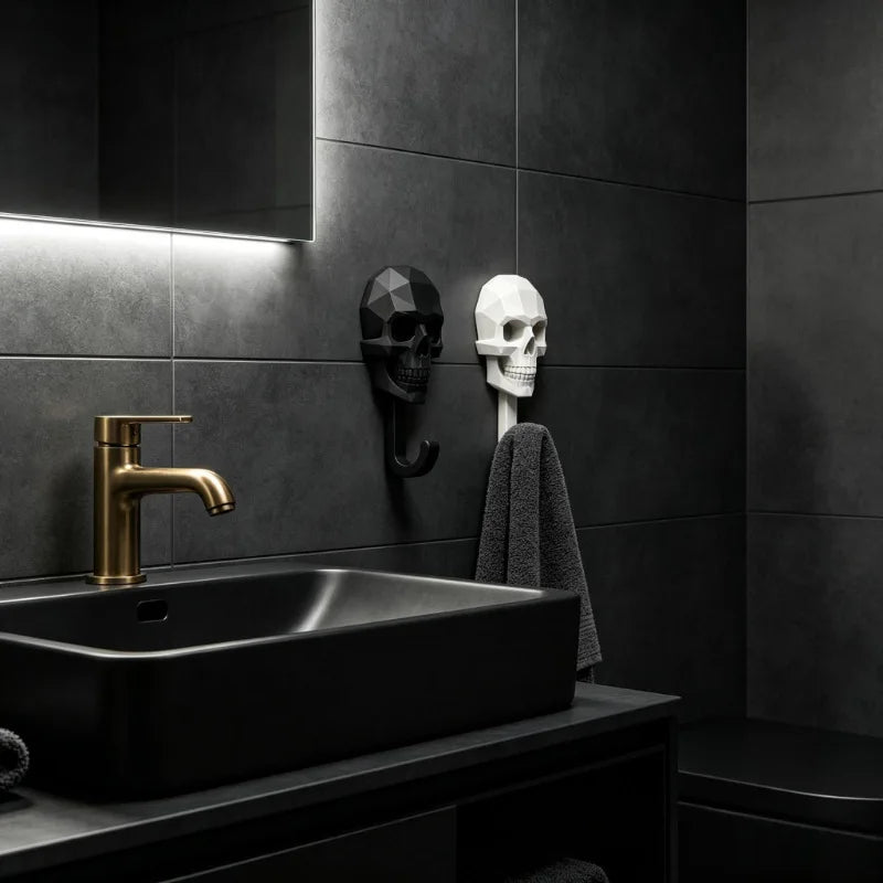 A black vessel sink and faucet are set against a dark gray tiled wall with a mounted skull hook and a towel.