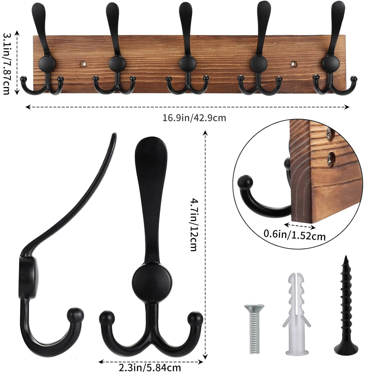 Wooden wall-mounted coat rack featuring five black triple hooks for hanging coats.
