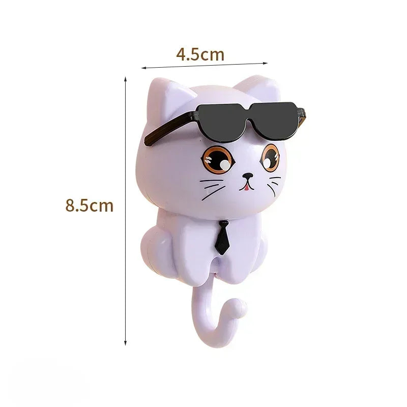Cartoon Cat Adhesive Hooks – No-Damage Wall Hooks with Sunglasses Design