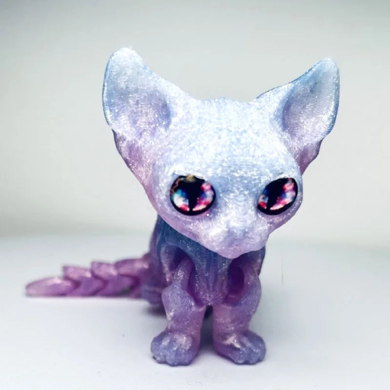 A purple, glittery 3D printed figurine of a Siamese cat head and body.