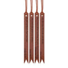 A set of brown leather bible bookmarks with engraved scripture verses hanging from a cord.