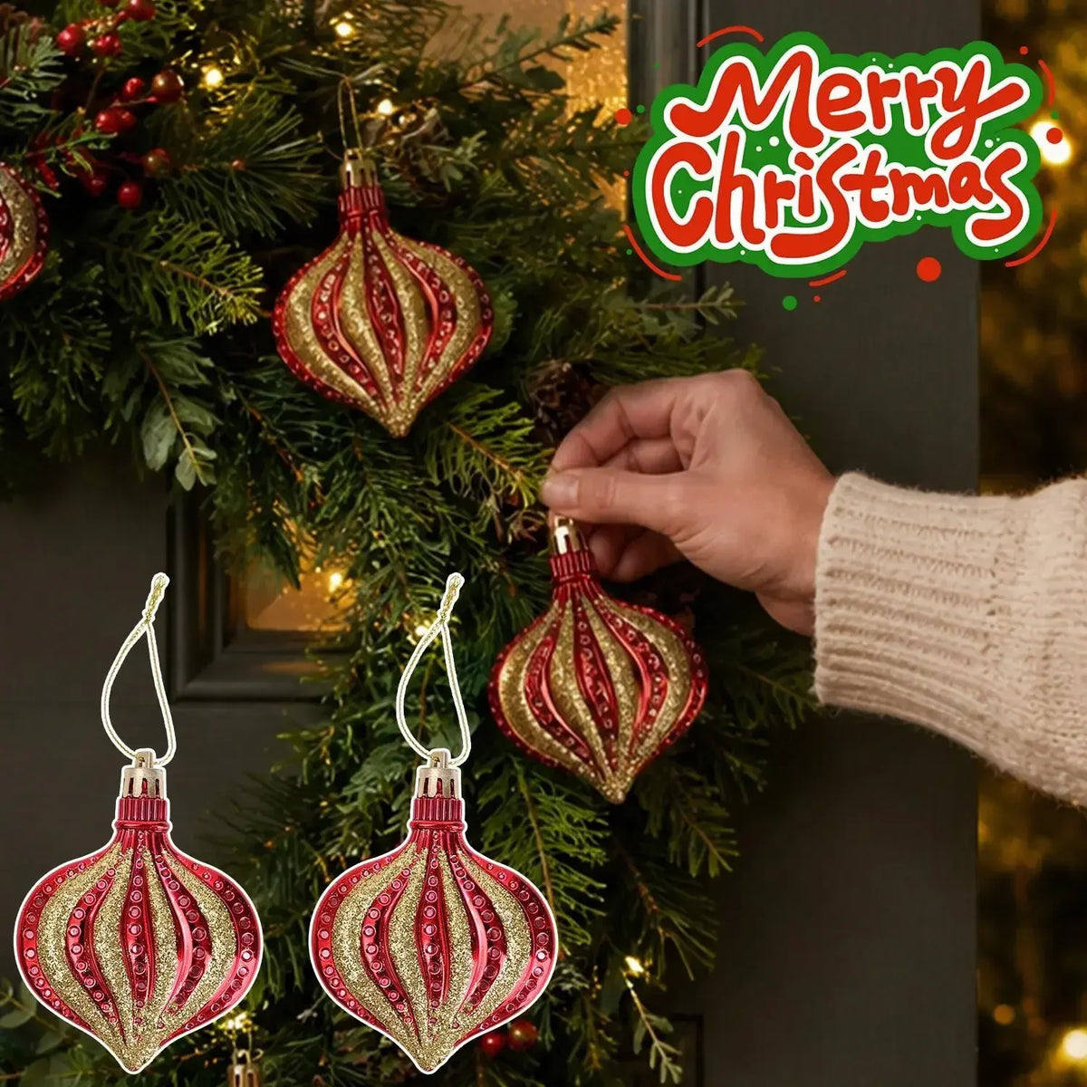 A hand is placing a red and gold flat onion Christmas ornament onto a green fir wreath.