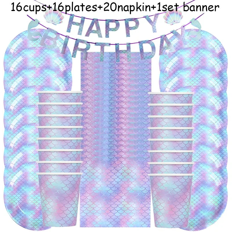 A set of mermaid-themed party tableware including cups, plates, napkins, and a banner.