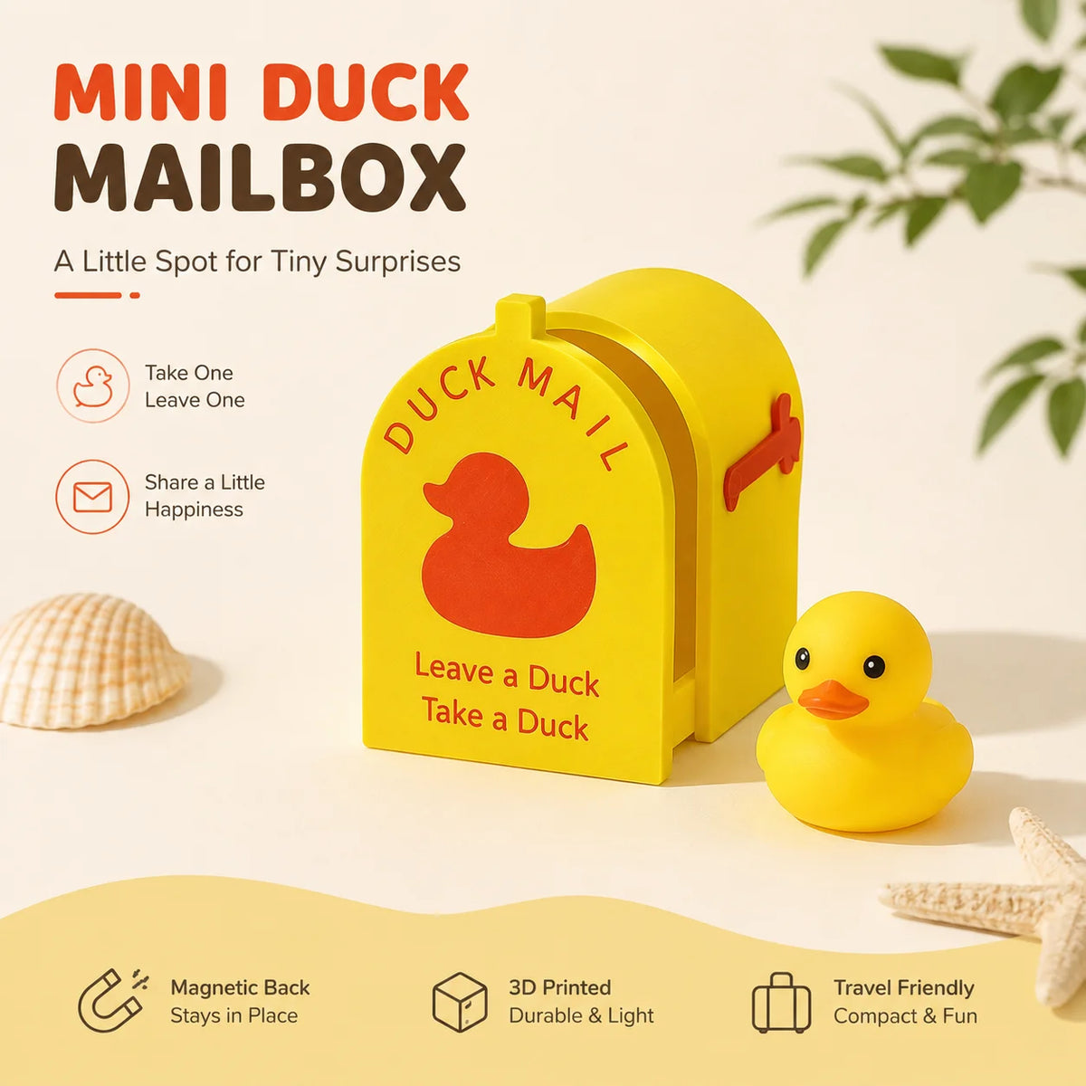 Yellow magnetic 3D printed mini duck mailbox with a duck silhouette and a yellow duck figure