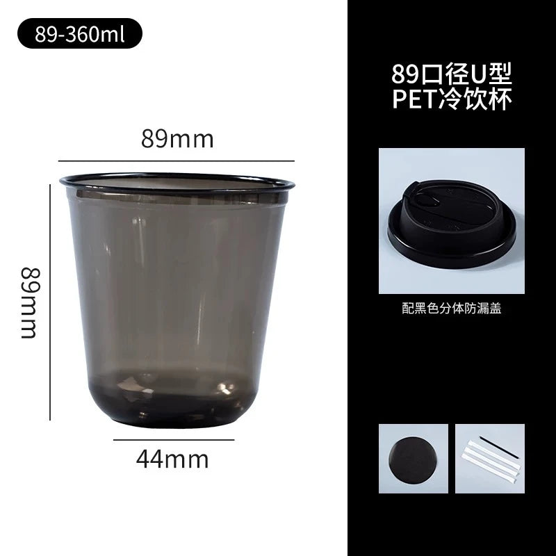 Transparente 89-mm-PET-Einwegbecher mit schwarzem Deckel und Strohhalm