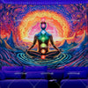 UV reactive chakra lotus tapestry wall hanging featuring a glowing human silhouette in a vibrant cosmic background