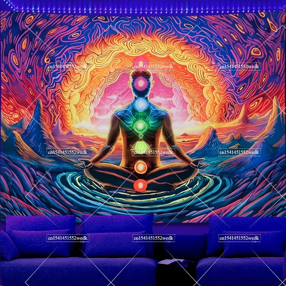 UV reactive chakra lotus tapestry wall hanging featuring a glowing human silhouette in a vibrant cosmic background