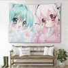 A tapestry featuring an anime girl with light blue hair and pink clothing, suitable for bedroom decor.