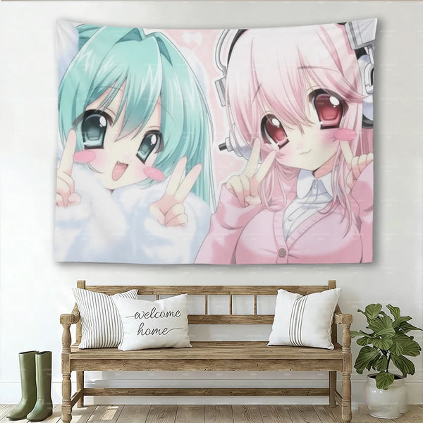 A tapestry featuring an anime girl with light blue hair and pink clothing, suitable for bedroom decor.