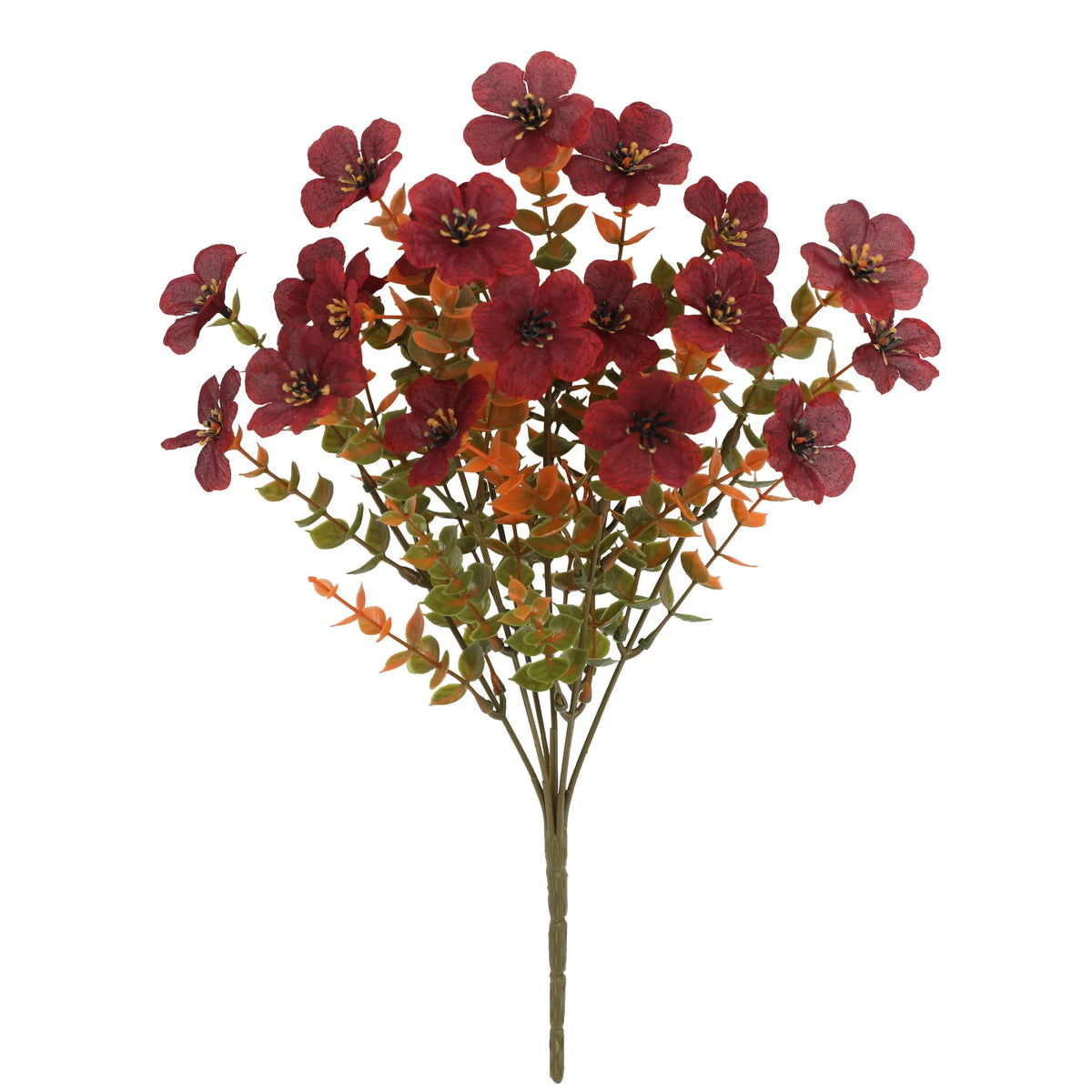 A sprig of artificial fall floral decor featuring deep red and orange-brown leaves and small flowers on a thin stem.