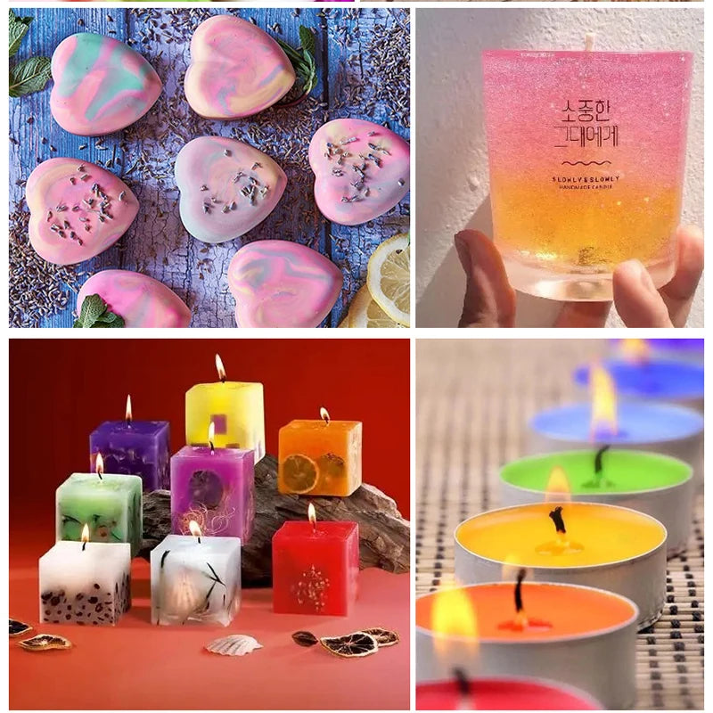 A collection of pink and purple liquid candle dye pigments arranged on a wooden surface.