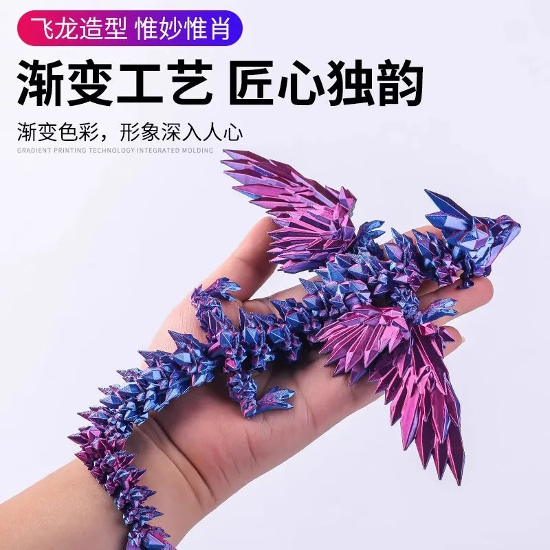 A hand holds a purple and blue dragon fidget figurine with iridescent gradient printing.
