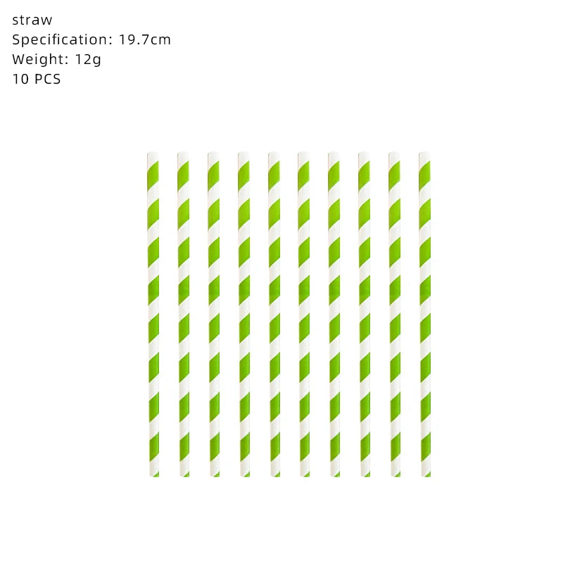 A set of 10 white and green striped straws for a birthday party.