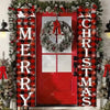 A festive Christmas door banner featuring holiday greetings on a red door with a wreath design.