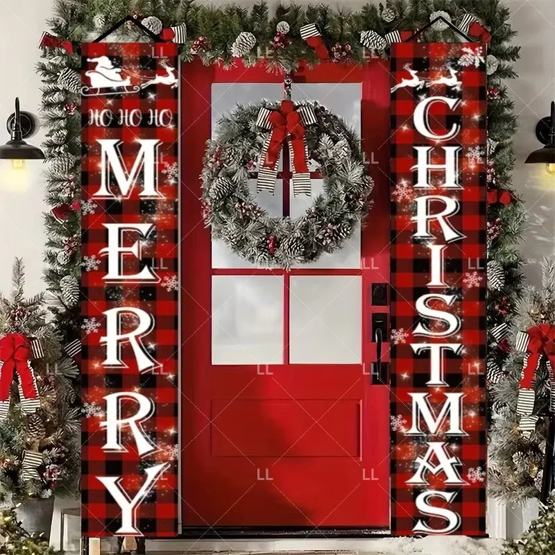 A festive Christmas door banner featuring holiday greetings on a red door with a wreath design.