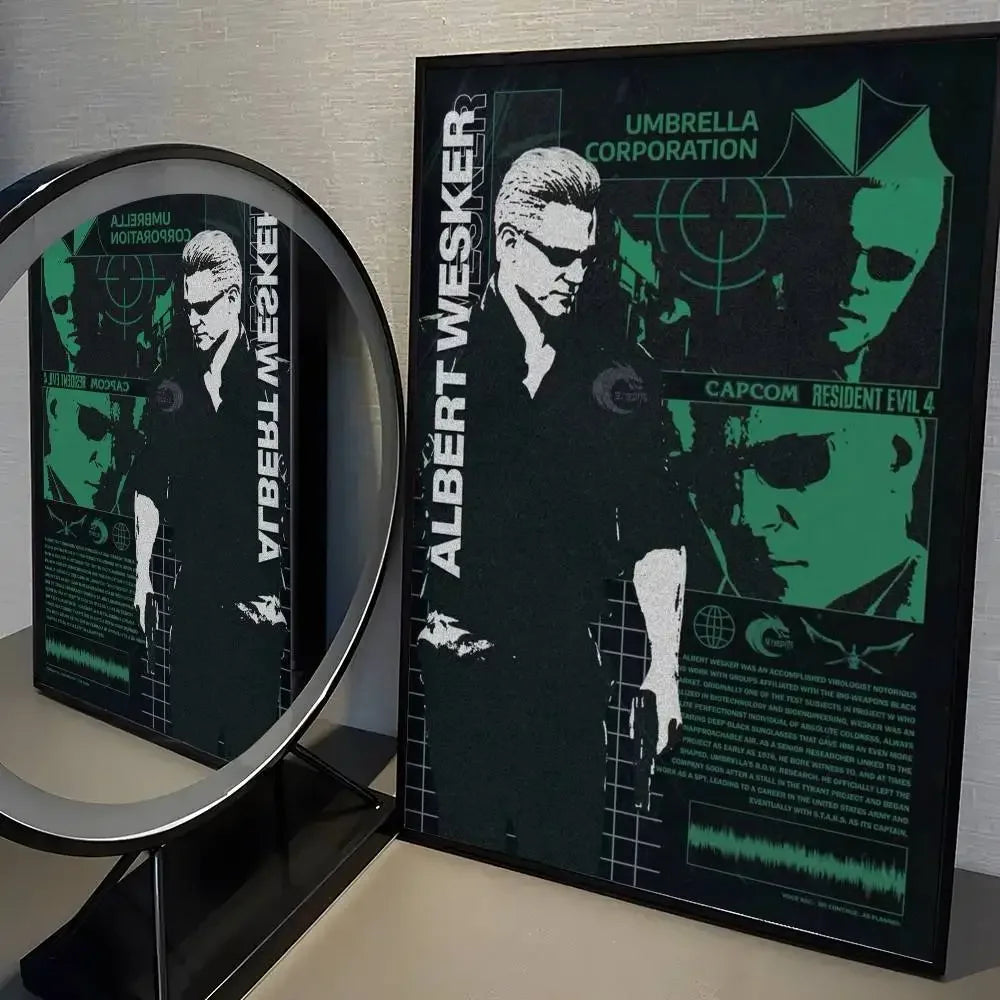 A framed poster featuring Albert Wesker and Capcom Resident Evil IV characters in a dark, stylized design.