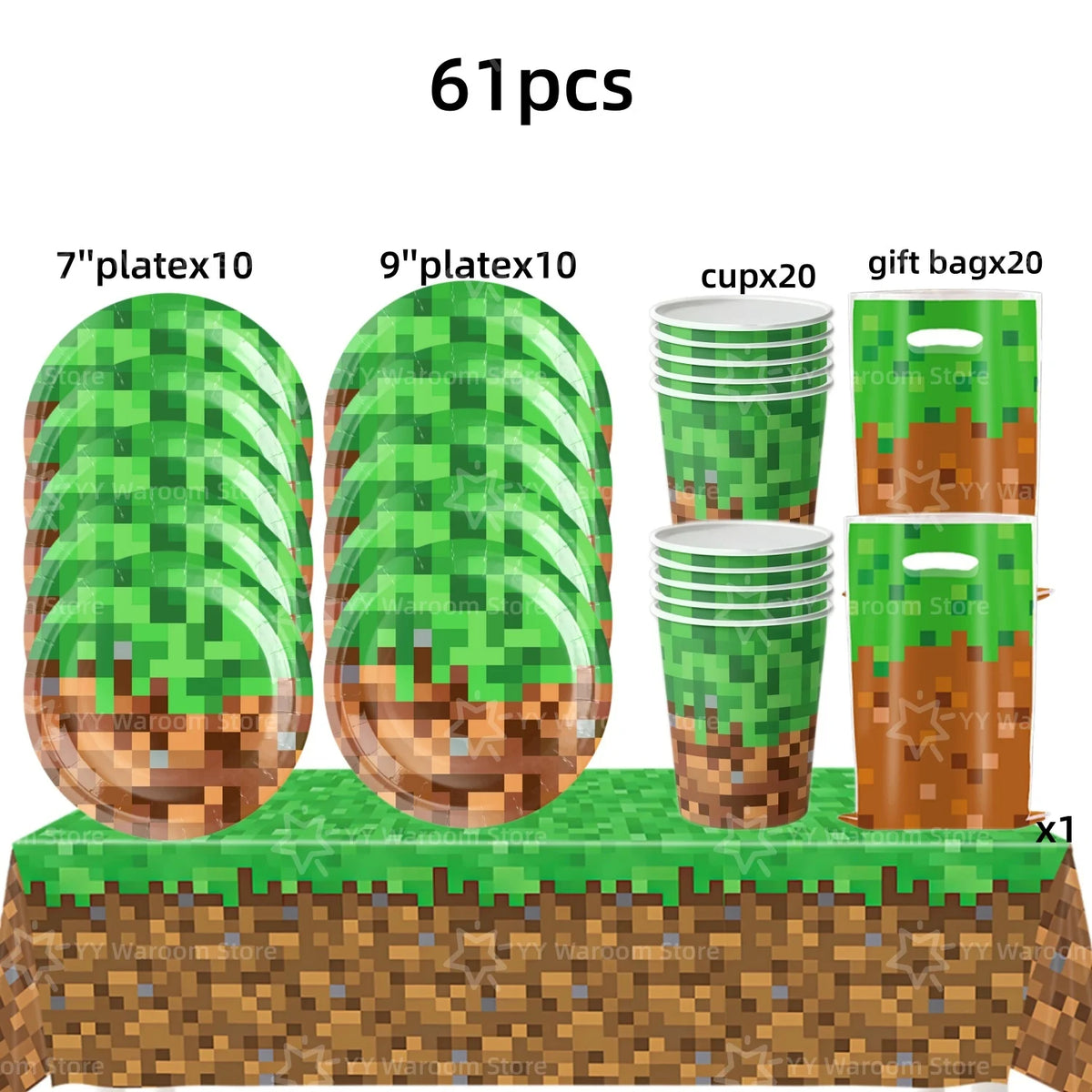 A set of 61 pieces featuring green miner theme tableware, including plates and cups, displayed on a textured surface.