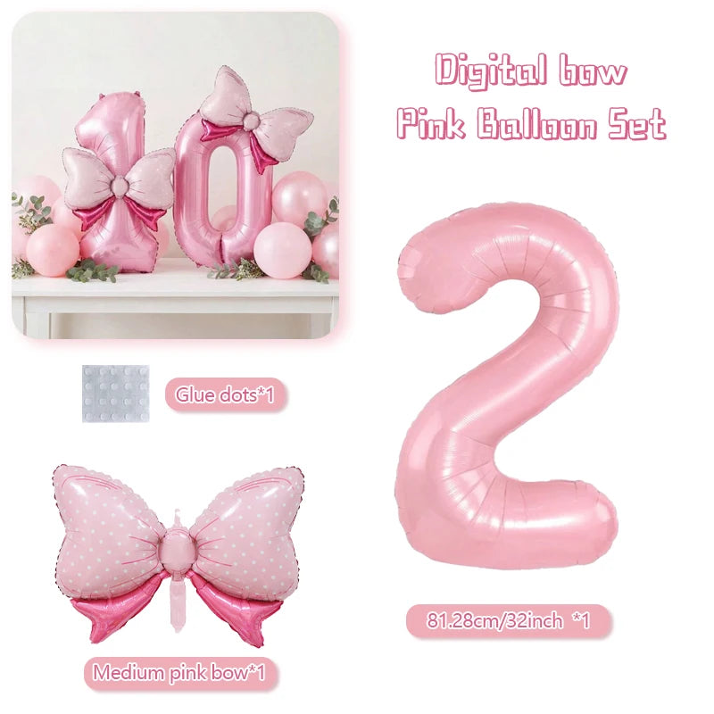 Pink balloon set featuring a large pink number two balloon and medium pink bow decorations