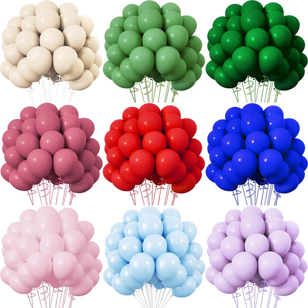 A collection of pastel latex balloons in various shades including cream, green, pink, red, blue, and lavender.