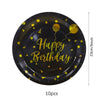 Black disposable dinner plate with gold confetti and Happy Birthday text