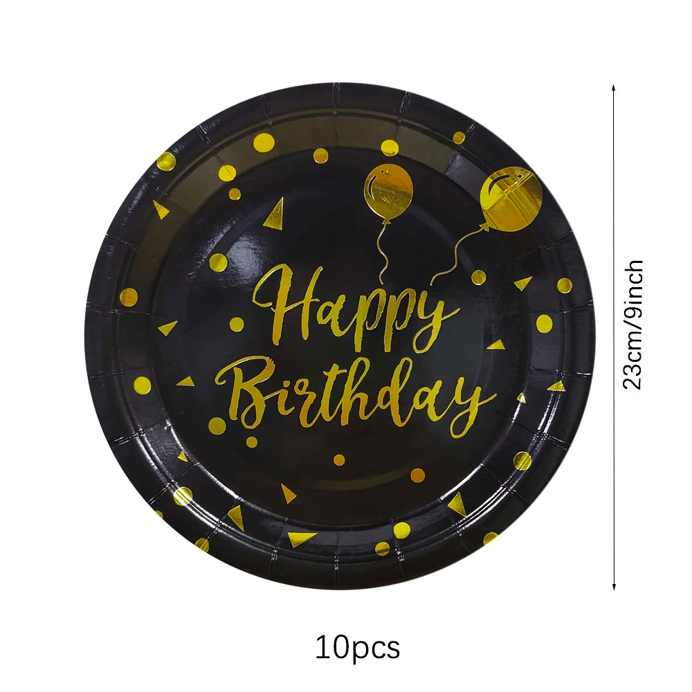 Black disposable dinner plate with gold confetti and Happy Birthday text