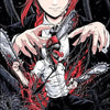Anime illustration of Chainsaw Man character with red hair and blood splatter on a black background
