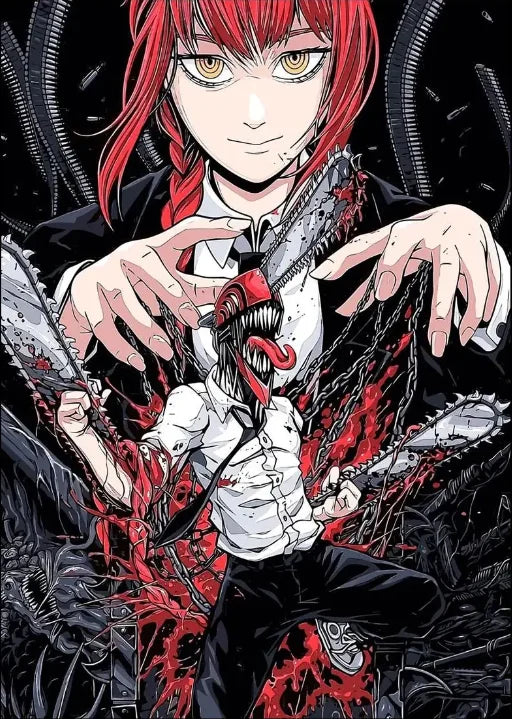 Anime illustration of Chainsaw Man character with red hair and blood splatter on a black background