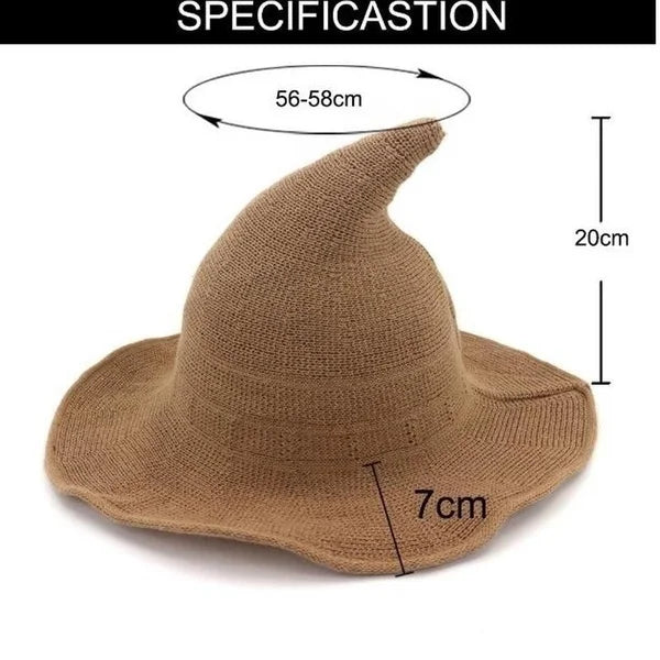 A brown knit witch hat with a wide brim and pointed crown, showing its dimensions.
