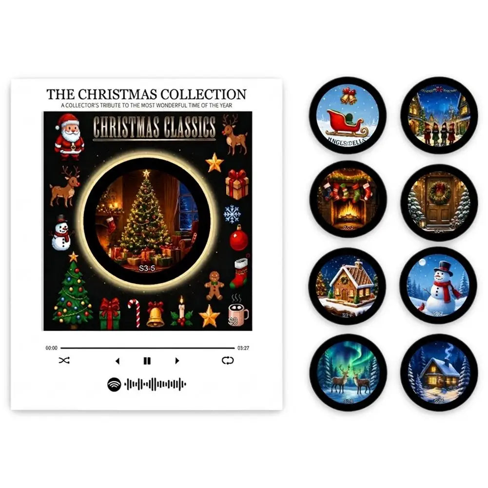 A collection of Christmas themed magnetic vinyl record night lights featuring various holiday scenes and ornaments.