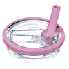 A pink replacement lid with a silicone stopper is shown on a clear glass tumbler.
