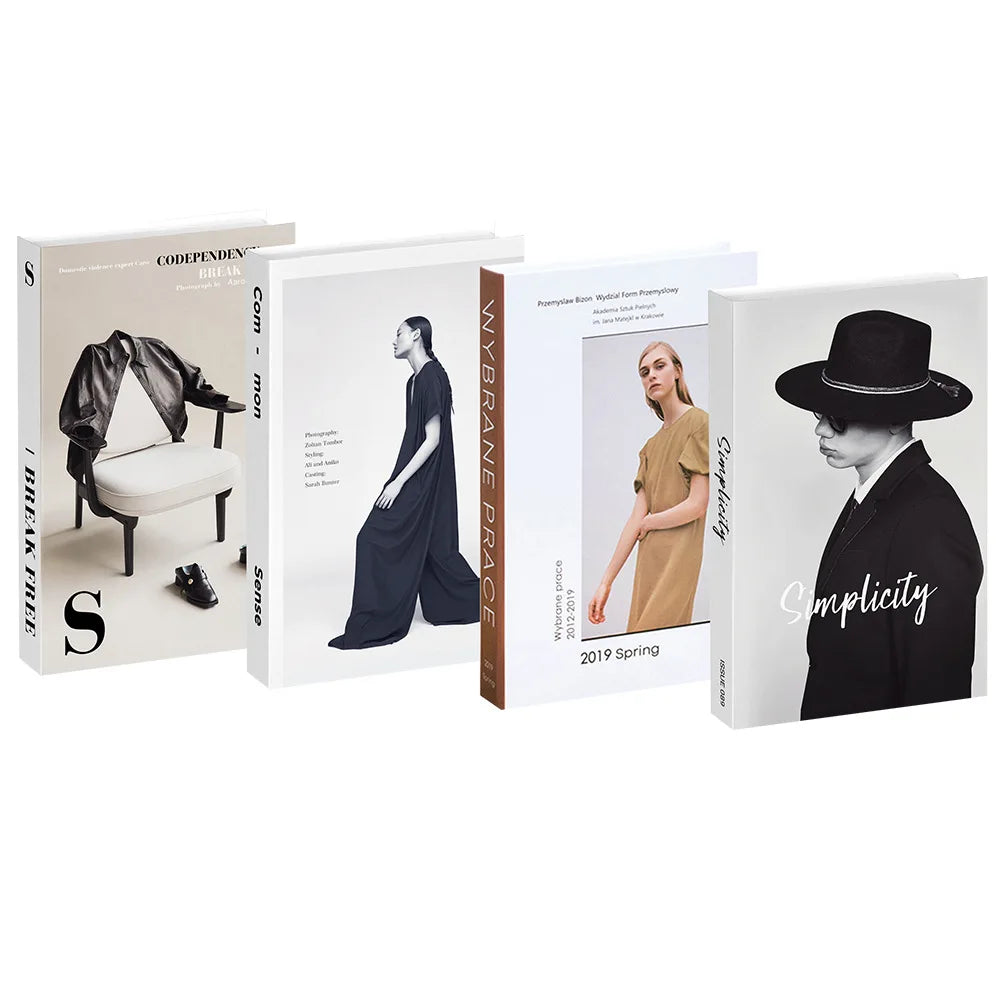 A set of five decorative faux books featuring women in black and earth tones for home decor