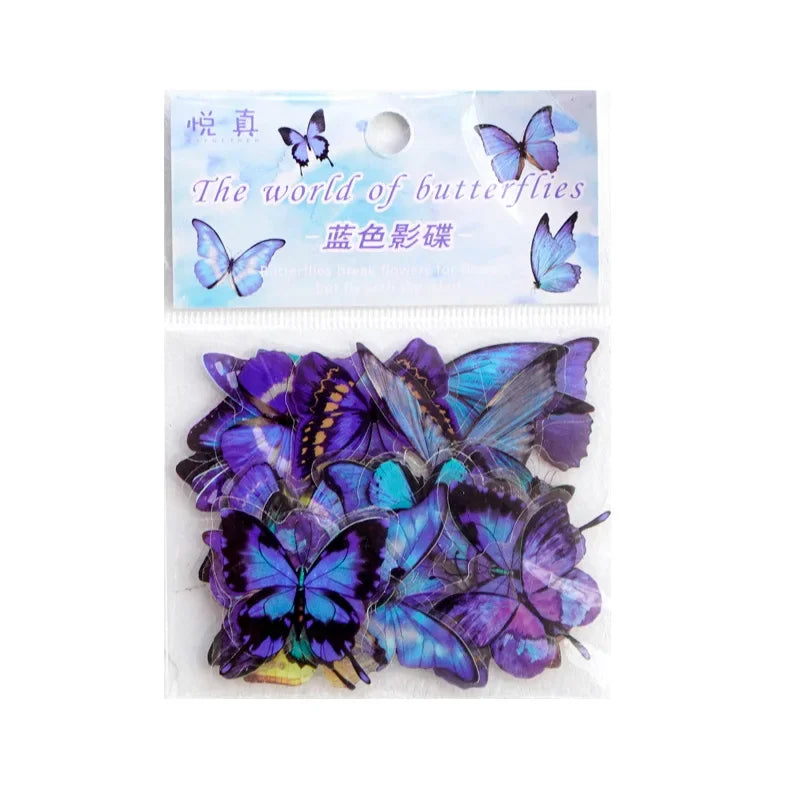 A sheet of butterfly art collage stickers featuring various shades of purple and blue butterflies.