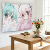 A pink and teal anime girl tapestry featuring two characters with long hair and large eyes hanging on a white wall.